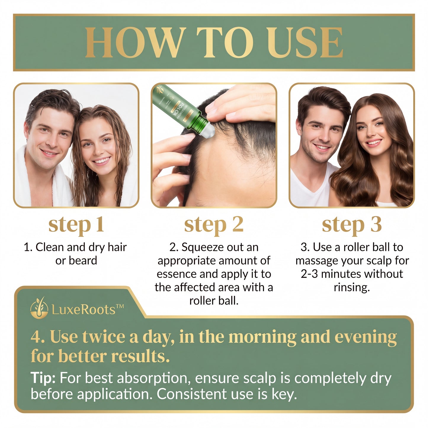 LuxeRoots™ Scalp Revival Roll-On — Hair Growth & Strengthening Essential Oil Treatment for Thinning Hair | Nourishing Roller Ball Serum, 18ml