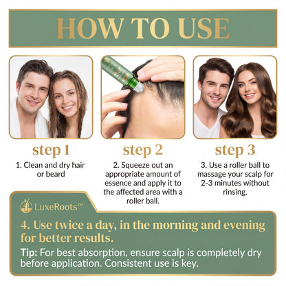 LuxeRoots™ Scalp Revival Roll-On — Hair Growth & Strengthening Essential Oil Treatment for Thinning Hair | Nourishing Roller Ball Serum, 18ml